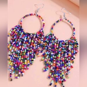 Long‎ Beaded Tassel Earrings Bohemian Handmade Seed Beaded Round Tassel Dangle